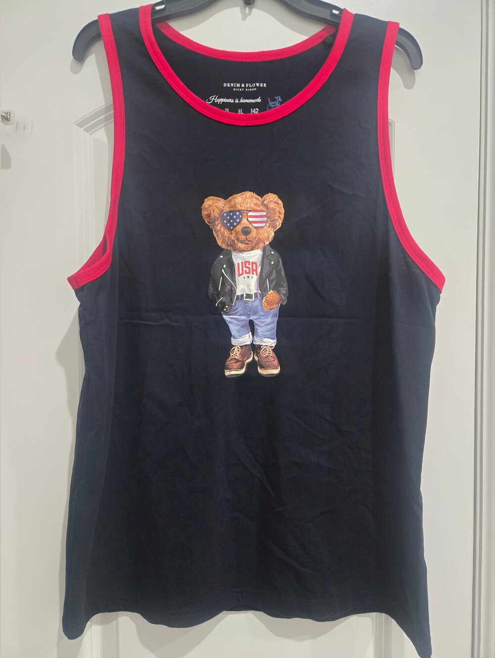Denim & Flower Ricky Singh USA Bear Tank Top Mens Large Patriotic Ringer Graphic